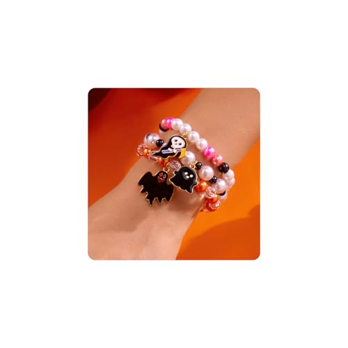 Halloween Bracelets for Women Spooky Ghost Black Bat Charm Bracelets Stackable Black and Orange Beaded Brace-lets Halloween Costume Jewelry Accessories for Cosplay