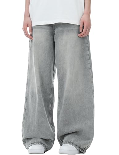 Mens Y2K Baggy Jeans Wide Leg Skater Pants Grunge Grey Jeans Hip Hop Skateboard Pants