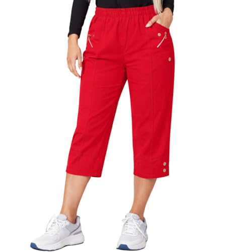 JM CLOTHING Capri Pants for Women UK Summer| Cropped Trousers for Ladies Short Crop Stretch 3/4 Length Three Quarter Elasticated Pull on Plus Size Pants Wiggly Fashion Red