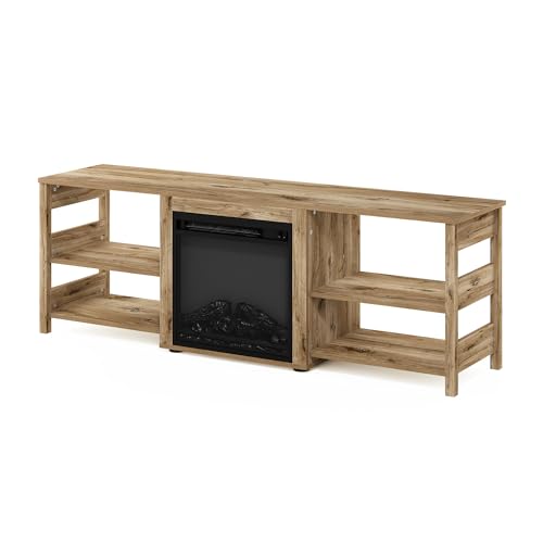 Image of Furinno Classic Fireplace TV Stand, Entertainment Center, TV Console for TV up to 70 Inch with Fireplace, for Living Room, Bedroom, Flagstaff Oak
