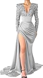 SHLFETWLUA Sexy Deep V Neck Prom Dresses 2024 Long Sleeve Sequin Satin Long Ball Gowns for Women with Slit Silver