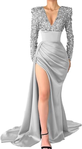 SHLFETWLUA Sexy Deep V Neck Prom Dresses 2024 Long Sleeve Sequin Satin Long Ball Gowns for Women with Slit Silver