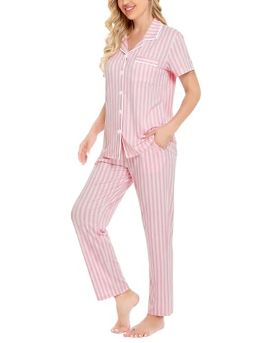 Image of SWOMOG Women Pajama Sets Two-Piece Nightwear Short Sleeve Sleepwear Button Down Pj Lounge Sets with Long Pants