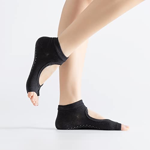Image of Yoga Pilates Toe Socks Toeless Socks with Grips for Women Non Slip Cushioned Low Cut Ankle Socks for Dance