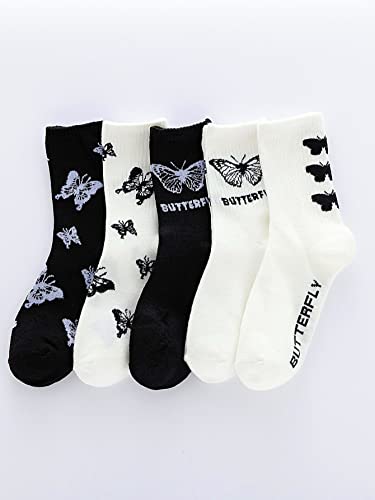WDIRARA Women's 5 Pairs Butterfly Graphic Print Crew Socks Crew Knit Socks4