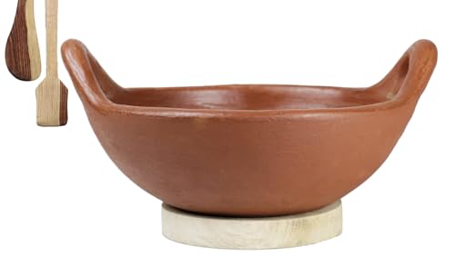 Craftsman India Online Deep Burned Clay Kadai for Cooking and Serving 1 Liter (Red)