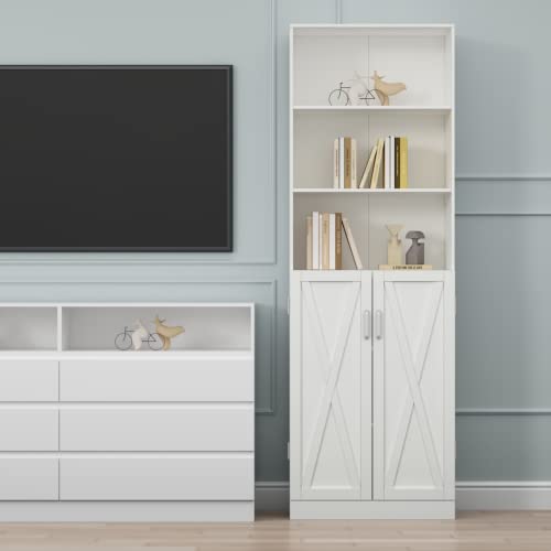 Loomie Industrial Boolshelf With Door, 6 Tier Farmhouse Book Shelf With Adjustable Shelves,70" Tall Display Etagere Bookcase,Floor Standing Unit Book Case Furniture For Home Office,Living Room (White) #TOP3