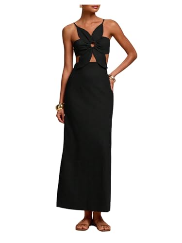 SHENHE Women's Petal Backless Linen Maxi Dress Cut Out Vacation Zipper Long Dresses Black Large