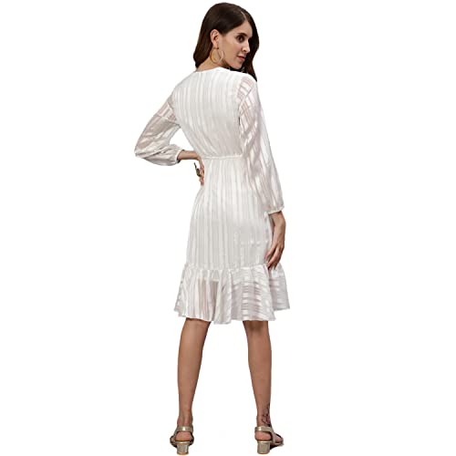 Image of ishin Women's Above Knee Length Silk Striped White Wrap Dress