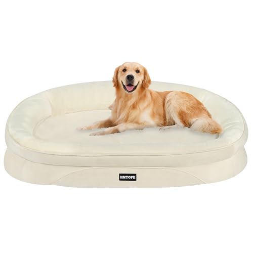 HMTOPE Orthopädisches Hundebett, Hundesofa, Vierseitiges Nackenrolle Kissen, rutschfeste Unterseite Hundekorb, Abnehmbar und Waschbar, Mittelgroße Hunde, Grosse Hunde, 106 x 79 x 17 cm, Beige