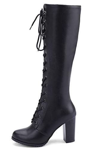 KOKOMOMO Womens Chunky Knee High Heel Lace Up Combat Boots2