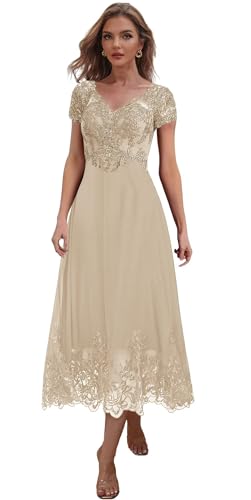 Tea Length Mother of The Bride Dresses for Women V Neck Lace Evening Formal Dress with Sleeves