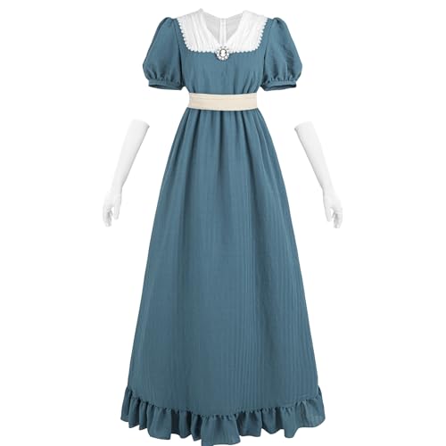 CR ROLECOS Viktorianisches Kleid 19 Jahrhundert Regency Kleid Damen V-Ausschnitt Empire Taille mit Handschuhe für Teeparty, Ball, Abendkleid Blau L