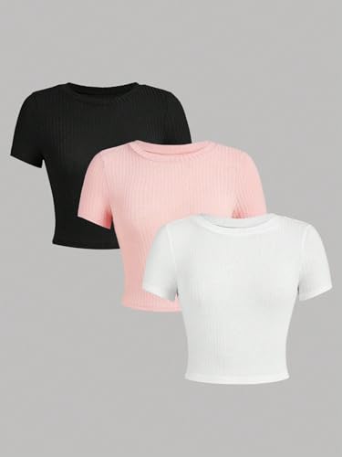 Image of OYOANGLE Girl's 3 Piece Summer Casual Short Sleeve T-Shirt Set Ribbed Knit Crew Neck Tee Tops