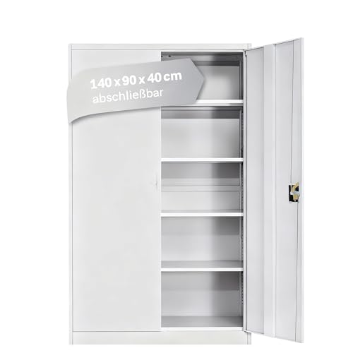 LagerZwei Mehrzweckschrank 140x90x40cm I Büroschrank mit 4 Fachböden I Aktenschrank weiß, abschließbar I Allzweckschrank – Möbel für Arbeitszimmer I Praktischer Metallschrank I Werkstattschrank