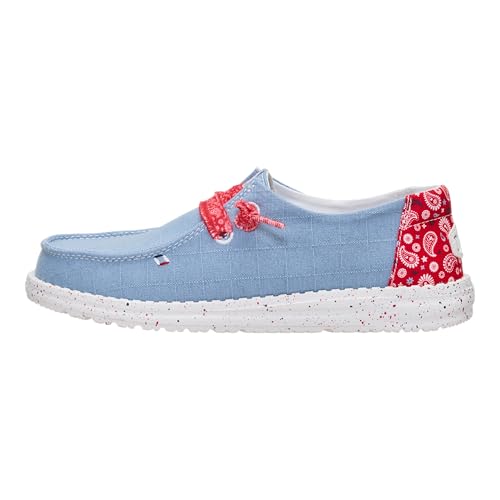 HEYDUDE Womens Wendy Americana Paisley Slip On Shoe Faded Denim/Multi Size 5 Lightweight Travel Ready Casual Loafer with Elastic Laces