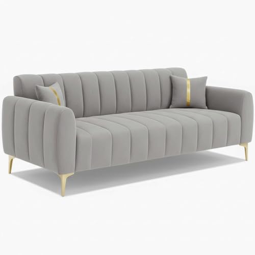Image of FURNY Harmony 3 Seater Velvet Fabric Sofa Set (Light Grey) with Golden Finish Legs Durable & Comfortable Ideal for Living Room