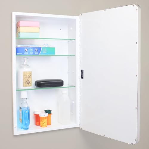 Image of 16x26 Austin Farmhouse Metal Framed Rounded Rectangle Recessed Bathroom Medicine Cabinet, Beveled Mirror, 14x24 in-Wall Opening, powder-coated Steel, Adjustable Glass Shelves, Magnet Close, Chrome