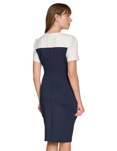 Image of Tommy Hilfiger Women's Short Sleeve Jewel Neck Colorblock Studded Asymmetrical Hem Crepe Mini Dress