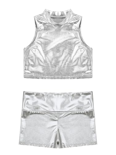 easyforever Kids Girls Metallic Gymnastics Dance Tracksuit With Shorts Dance Leotard 2 Piece Jazz Hip Hop Sport Outfits Silver 16 Years3