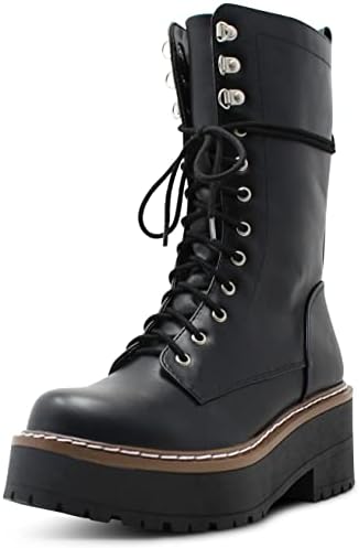 Soda Women's Round Toe Mid Calf Medium Chunky Heels Lace Up Combat Boots - (Black PU) - 8 | Image 6