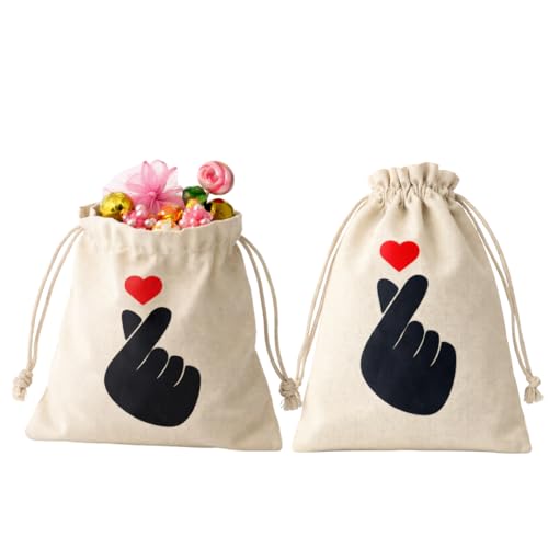Image of Korean Kawaii Love Sign Potli Bags - Set of 10 Cotton Drawstring Gift Pouches for Return Gifts, Wedding Favors, Party Giveaways, Jewelry Packaging, Festive Gift Packing Bags