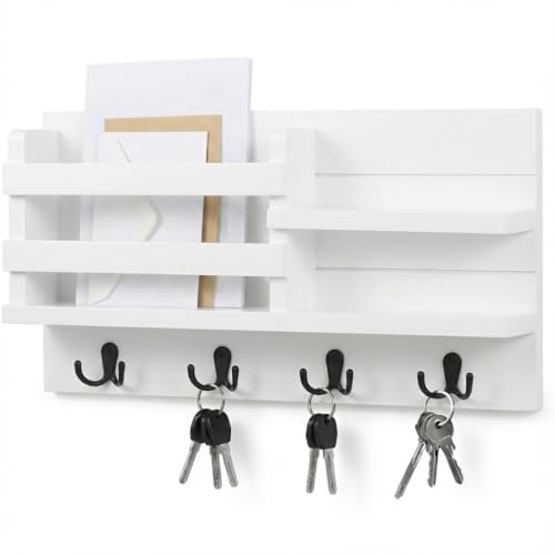Image of Key Holder for Wall with Mail Shelf & 4 Hooks | Engineered Wood (White, Elegant Mail Organizer - 35.5 x 9 x 23 cm)