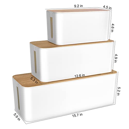 3 Pack Cable Management Box With 18 Pcs Cable Management Set - Large & Medium & Small Wooden Grain Cable Organizer Box To Hide Wires & Power Strips | Tv Cord Organizer Box | For Home & Office(White) #TOP1