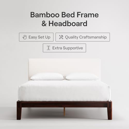 Image of Nectar Bamboo Platform Bed Frame & Upholstered Headboard - Twin XL - Walnut /Linen - Floating Center Support Legs - 12 inch Height - Easy Tool Free Set Up - Sturdy Wooden Slats - Holds Up To 500 lbs