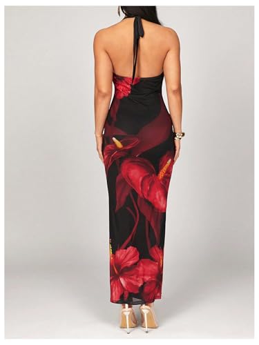 SOLY HUX Women's Floral Halter Maxi Dress Draped Cowl Neck Backless Bodycon Wedding Guest Party Mesh Cocktail Long Dresses2