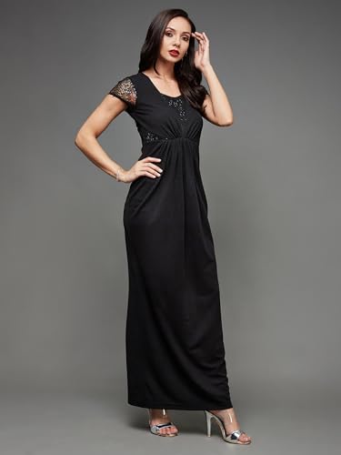 Image of Miss Chase Women's Round Neck Sleeve Embellished Fit Flare Maxi Dress