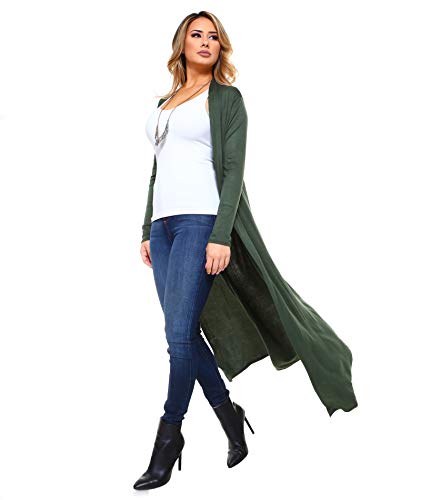 Image of Isaac Liev Women's Maxi Cardigan - Casual Long Flowy Open Front Floor Length Drape Lightweight Duster Sweater Made in USA Dark Olive