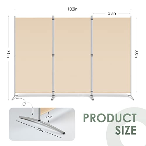 Rantila 3 Panel Room Divider, 6 Ft Tall Folding Privacy Screen Room Dividers, Freestanding Room Partition Wall Dividers, 102''W X 20''D X 71''H, Beige #TOP1