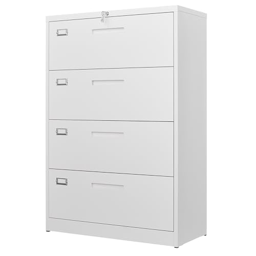 Image of Letaya 4 Drawer File Cabinet with Lock, Metal Lateral Filing Cabinet Wide Office Organization Storage for Home Office Hanging Letter /Legal /F4 /A4 (White-Requires Installation)
