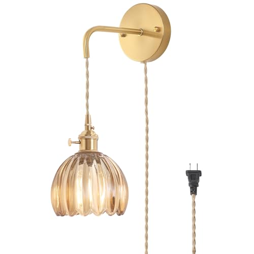 Image of Shenmoyl Vintage Wall Sconce Wall Lamp with Amber Tulip Glass Shade Hanging Wall Sconce with 4.9FT Plug in Cord, Modern Wall Lamp Fixtures Decor for Bedside Bedroom Indoor Doorway