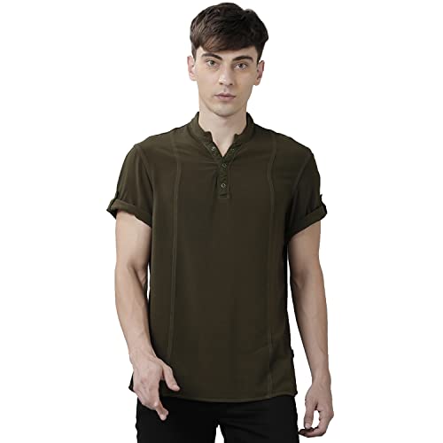 Image of Identiti Men's Cotton Solid Full Sleeve Slim Fit Shirt with Mandarin Collar