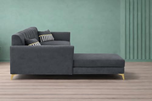 Image of Adorn India Premium Luster 8 Seater L Shape Sofa Set with 2 Puffy & 1 Center Table | Velvet Suede Fabric | 3-Year Warranty | LHS | Dark Grey with Golden Legs & Striped Pattern Cushion
