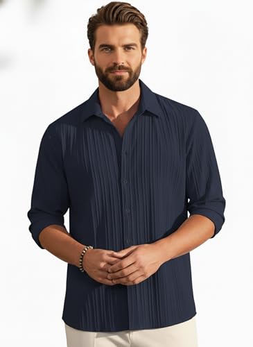 Image of Amazon Brand - INKAST Men's Casual Button Down Shirts Long Sleeve Linen Shirt Fashion Textured Beach Summer Shirt