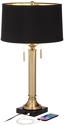Possini Euro Design Wynne Traditional Glam Table Lamp With Dual Usb Charging Port 30" Tall Warm Gold Metal Black Drum Shade For Living Room Bedroom House Bedside Nightstand Office Reading Family #TOP2