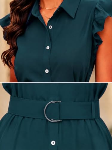 Image of OOMPH! Women's Shirt Midi Dress | Ruffle Sleeves | Button-Down Front | Waist Belt Detail | Collared Neck Casual & Vacation Dress