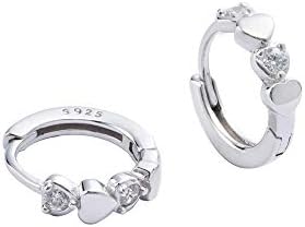 Double Love Heart Cubic Zirconia Sleeper Small Hoop Earrings Sterling Silver for Women Teen Girls Cartilage Tiny Cute CZ Huggie Hoops Hypoallergenic for Sensitive Ear Easter Mother's Day Jewelry Gifts for Her