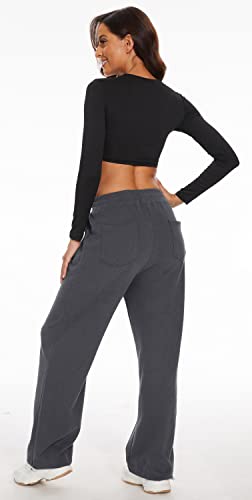Women's Wide Leg Pants With Pockets Casual Sweatpants Elastic Waist With Drawstring Comfy Lounge Flowy Pants Dark Gray Small #TOP5