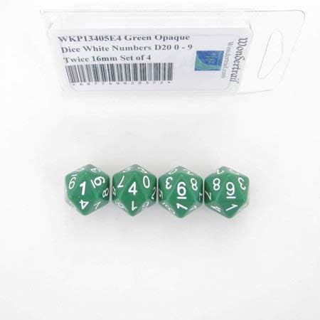 Green Opaque Dice with White Numbers D20 0 - 9 Twice 16mm (5/8in) Set of 4 Wondertrail