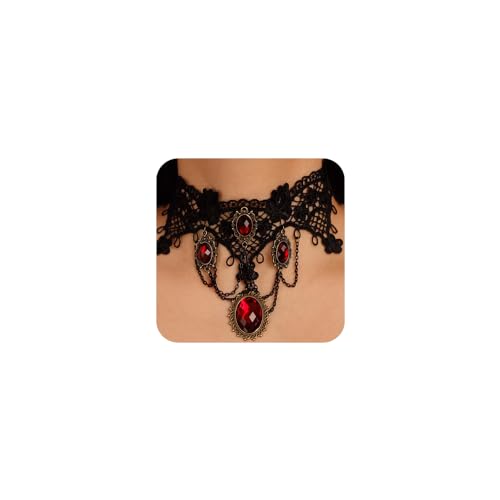 BERYUAN Edwardian Vampire Gothic Lace Pendant Choker Black Lace with Red Stone Neck Chain Halloween Accessories for Women(black 5)