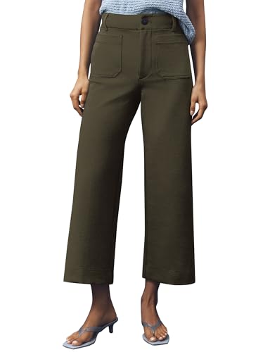 Women's Knit Wide Leg Pants Casual Button Down High Waisted Loose Fit Stretchy Cropped Hem Trousers with Pockets