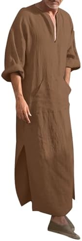 YOUYING Kaftan Thobe Mens Short Sleeve V-Neck Linen Robe Big and Tall Muslim Robe Casual Loose Lightweight Long Sleeping Gown