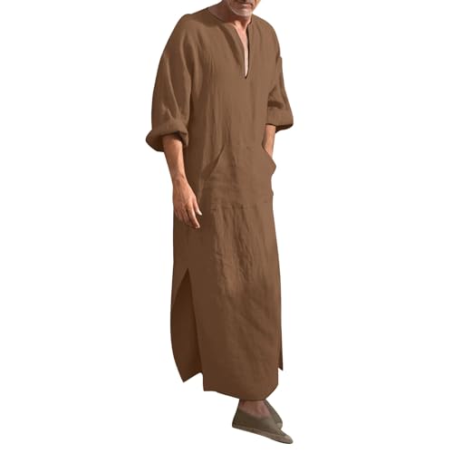 YOUYING Kaftan Thobe Mens Short Sleeve V-Neck Linen Robe Big and Tall Muslim Robe Casual Loose Lightweight Long Sleeping Gown