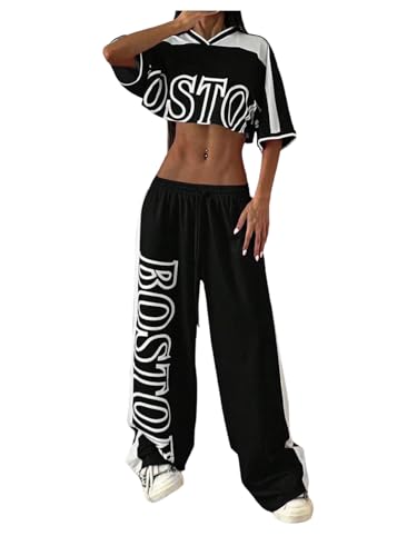 SweatyRocks Women's 2 Piece Outfits Graphic Oversized Cropped Jersey Shirt