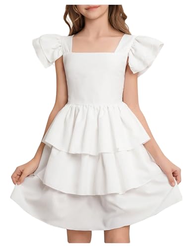 OYOANGLE Girl's Cap Sleeve Layered Ruffle A Line Dress Cute Square Neck Shirred Short Dresses