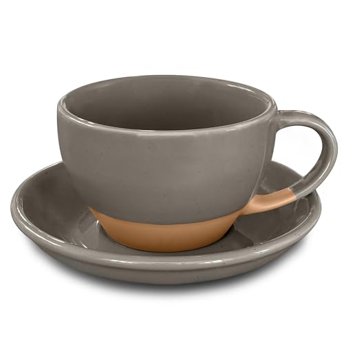 Mora Ceramic Latte Art Mug With Saucer - 10.5 oz, Round Bottom For Perfect Pours - Cafe Cups for Cappuccino, Espresso, Coffee, Tea etc - Porcelain Set for Baristas, Great Gift - Sesame Milk